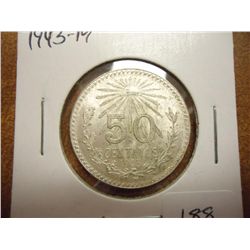 1943-M MEXICO SILVER CAP & RAYS 50 CENTAVOS