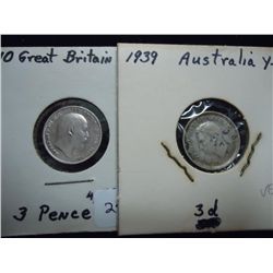 1910 GREAT BRITAIN & 1939 AUSTRALIA SILVER 3 PENCE