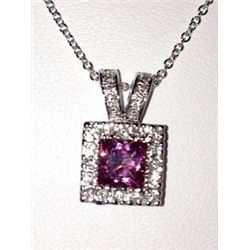 18K white gold chain wiith pink sapphire & diamond pendant