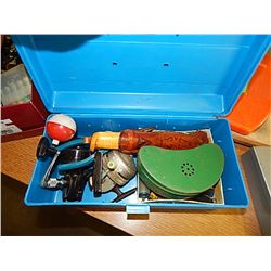 BLUE BOX WITH REELS, KNIFE, FISHING STUFF