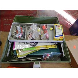 GREEN TACKLE BOX WITH ASSORTED TACKLE