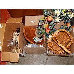 BOXES - GLASSWARE, BASKETS AND MORE - 3 BXES TOTAL