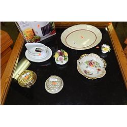 BRASS COASTER SET & SILVER STYLE SET AND STANDS - 2 SETS TOTAL PLUS PLATTER & CHINA FLOWERS (MADE IN