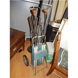 VINTAGE AJ SPORTS GOLF PUSH/PULL CART  - FOLDING & BUILT IN SEAT - 1940'S TO 1950'S? - INCLUDES SOME