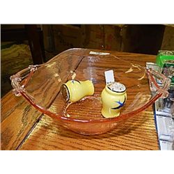 DEPRESSION GLASS STYLE DISH AND SALT & PEPPER
