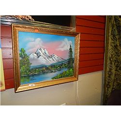 LRG GOLD FRAMED PICTURE- OIL - MOUNTAN/LAKE -EDWIN GOODWIN