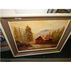 OIL ON BOARD - CABIN AND SUNSET