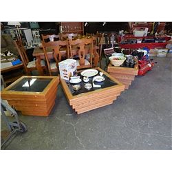 OAK CASED END TABLES (2) AND COFFEE TABLE WITH GLASS COVERED DISPLAY AREA ON TOP - one glass cracked