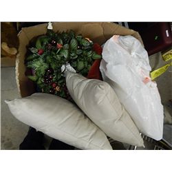 BOX OF THROW CUSIONS AND  MISC