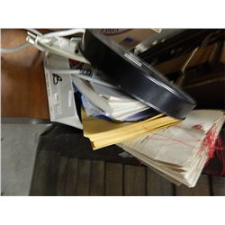 BOX OF OFFICE SUPPLIES, TRAY, POWER BARS ETC