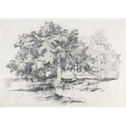 ALEXANDRE CALAME (1810-1864) M BOUQUET DE CHÊNES ET PETIT ÉTANG Bleistift auf Papier 30 x 42 cm E...