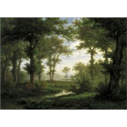 ROBERT ZÜND (1827-1909) M WALDLICHTUNG MIT REHEN AM WASSER Öl auf Leinwand Unten links signiert u...