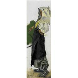 CARL AUGUST LINER (1871-1946) M FRAU MIT SICHEL, TERRACINA Öl auf Leinwand Unten links signiert u...