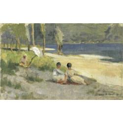 FRÉDÉRIC DUFAUX (1852-1943) M PEINTRE ET FEMMES AU BORD DU LAC MAJEUR Öl auf Leinwand Unten recht...