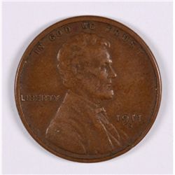1911-S LINCOLN CENT, XF+ NICE