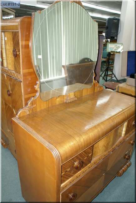 Art deco waterfall bedroom suite including mirrored dresser, chiffarobe ...
