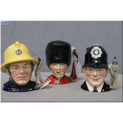 Three small Royal Doulton character jugs including  The Fireman  D6839,  The Guardsman D6771 and  Th