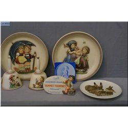 Selection of Hummel/Goebel collectibles including retail display sign, two bells and four plates