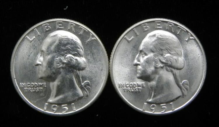 2 Gem Uncirculated Silver Washington Quarters 1951-D