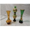 Image 1 : LOT 3 GREEN & AMBER GLASS, GOLD & PAINTED VASES &
