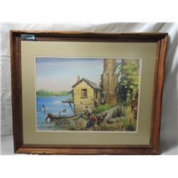 31X25 1966 ORIGINAL WATER COLOR FISHERMEN BY FRED