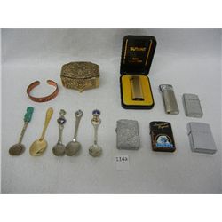 Small Ornate Jewelry Box, Souvenir Spoons, and Lighters