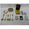 Image 1 : Small Ornate Jewelry Box, Souvenir Spoons, and Lighters