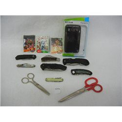 7 Pocket Knives, 2 Pairs of Scissors, and HTC Inspire Phone Case