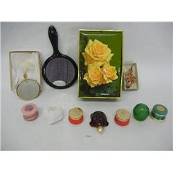 Avon Jars, Rose Box, Japanese Hair Clip, and 2 Hand Mirrors, 1 Made in West Germany