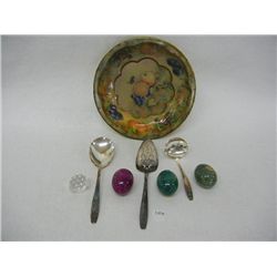 Daher Decorated Ware, England Fruit Bowl, 3 Alabaster Eggs, and 3 William Rogers Serving Spoons