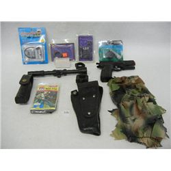 Air Soft Pistol, Rifle Rain Coat, Holster, and Other Misc. Gun Supplies