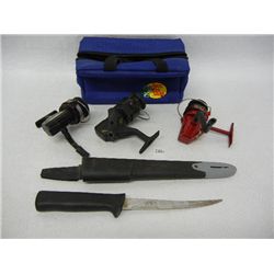 3 Fishing Reels, Gerber Filet Knife w/ Broken Tip