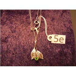 Sterling Necklace w/ Leaf and Green Gemstone Pendant