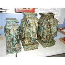 3 Plaster Elephant Flower Stands, 1 has chipped base
