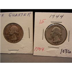 2-90% Silver Washington Quarters,1944,1955