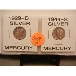 Two Silver Mercury Dimes 1929-D & 1944-S