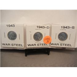 3-1943 P, D & S Lincoln Steel Wheat Cents
