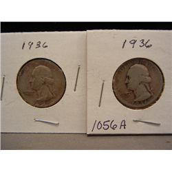 2-90% Silver 1936 Washington Quarters