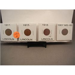 3-Lincoln Wheat Cents-1911,1915,1918 & 1-1907 Indian Head Cent MS 60