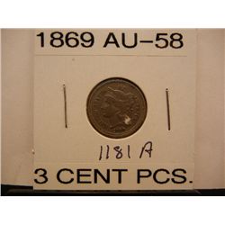 1869 Nickel Three Cent Piece AU 58
