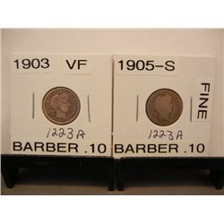 2-Barber Dimes, 1903 VF & 1905-S  F