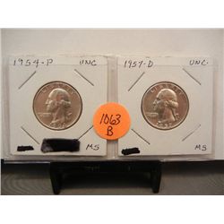 2-Silver Washington Quarters, 1954 Unc. & 1957-D Unc.