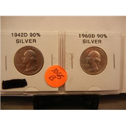 2-Silver Washington Quarters, 1942-D & 1960-D