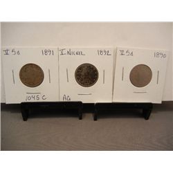Three Liberty Head "V" Nickels 1890, 1891 & 1892