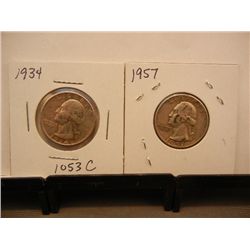 2-Silver Washington Quarters, 1934  & 1957