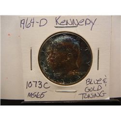 1964-D Kennedy Half Dollar MS 65, Blue & Gold Toning