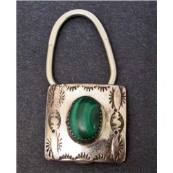 SILVER WATCH FOB / BOLO TIE CLIP WITH MALACHITE STONE