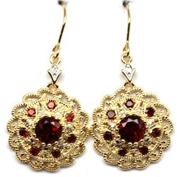 PAIR OF 14K GOLD OVER STERLING SILVER RED GARNET& DIAMOND EARRINGS