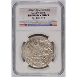 1834 MEXICAN 8 REALES SILVER COIN, "SS NEW YORK" SHIPWRECK COIN, NGC CERTIFIED