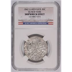 1842-O SEATED HALF DOLLAR, "SS NEW YORK" SHIP WRECK COIN, NGC CERTIFIED